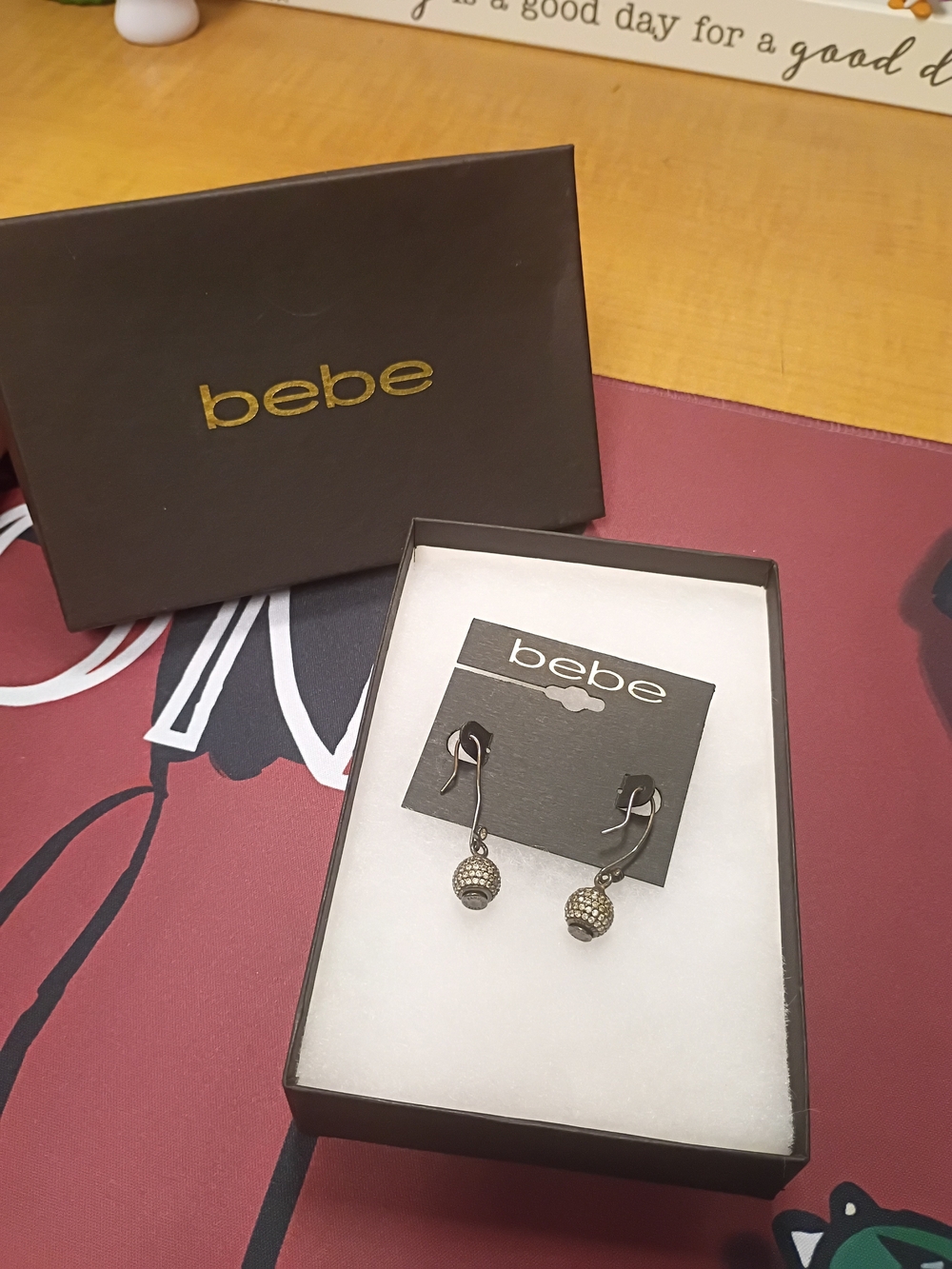 Bebe Silver Drop Earrings with Rhinestones